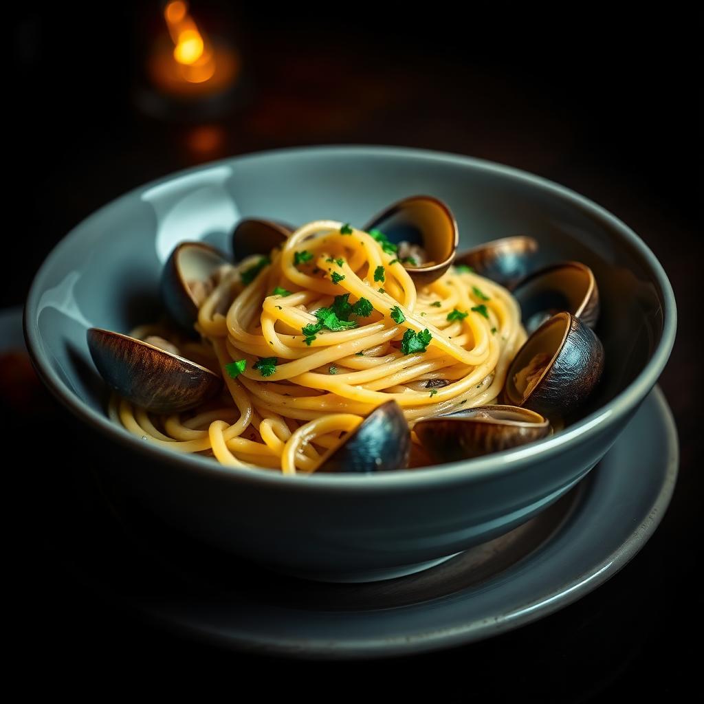 Spaghetti with clams in their shells, parsley and olive oil in a shallow bowl