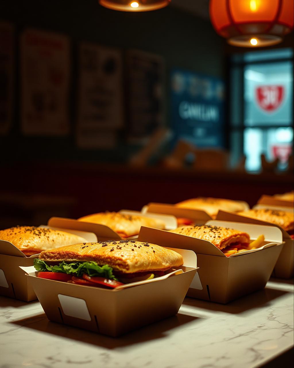 Panini and pasta boxes on a marble counter under warm light